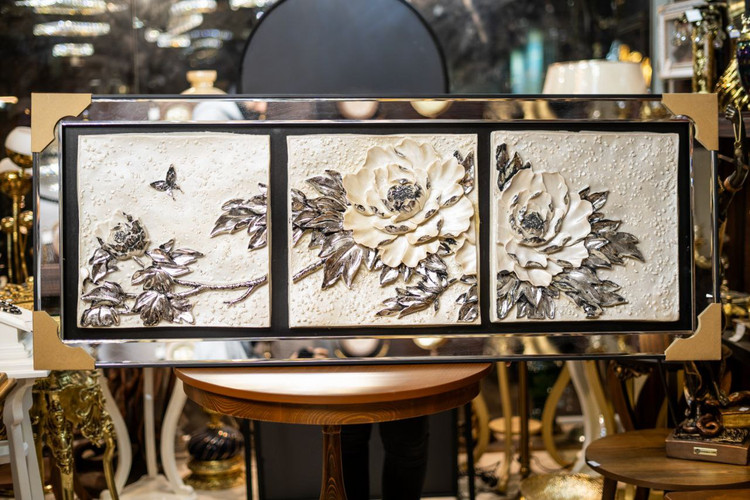 تابلو آینه ای طرح گل رزینی رنگ نقره ای 140 در 55