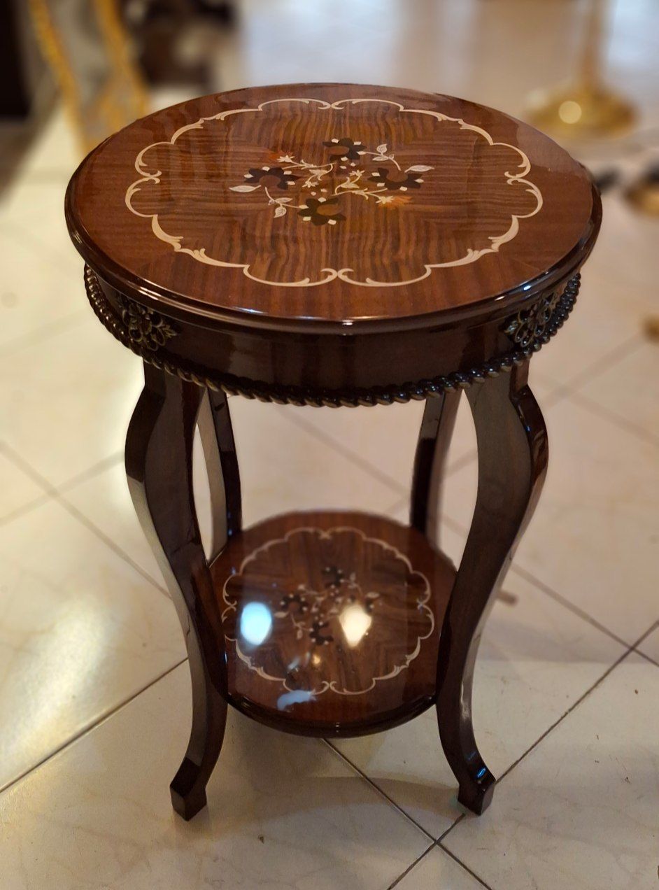 میز تلفن گرد دو طبقه قهوه ای معرق طرح گل MDF